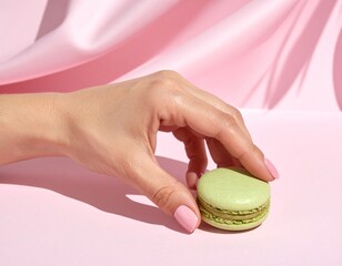 Woman's hand reaches down to place or pick up single bright green macaron cookie on pink surface with dramatic fabric folds and shadows background