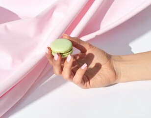 Woman's manicured hand gently holds bright green macaron cookie against light background with soft pink flowing fabric creating elegant aesthetic