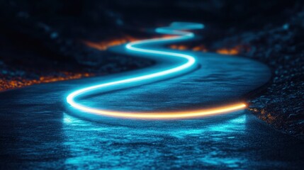 winding neon blue light ribbon tracing a wet dark road with an orange accent reflecting on glossy pavement, creating a mysterious futuristic mood