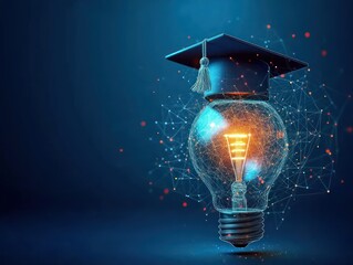 glowing light bulb wearing a graduation cap surrounded by digital network lines, symbolizing inspired innovation and academic achievement