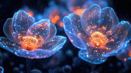 Two luminous translucent flowers with glowing orange centers and sparkling blue petals against a dark bokeh background, ethereal and magical mood