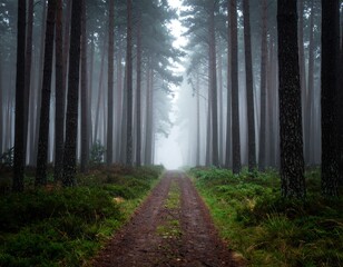 Misty mysterious forest landscape with tall pine trees covering winding dirt road path leading into deep fog and darkness