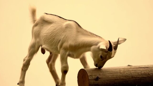 young goat attempting playful headbutt against a log. It slips slightly, lands awkwardly, pauses, then nudges log carefully. video