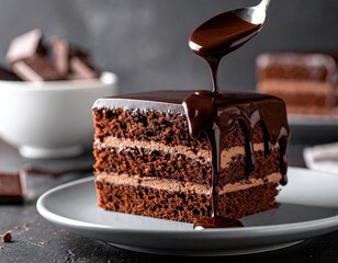 Rich gourmet chocolate square cake receiving pouring ganache topping from spoon on dark grey plate with artistic food styling and rustic background for bakery advertisement and social media post