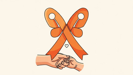 Hands holding orange ribbon with heart symbolizing support and awareness for a cause