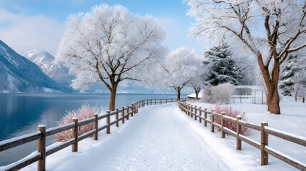 Winter lake landscape with snow covered path and trees