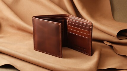 Brown leather wallet with card slots open on beige fabric background