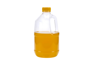 Clear plastic bottle with yellow liquid and yellow cap isolated on transparent background