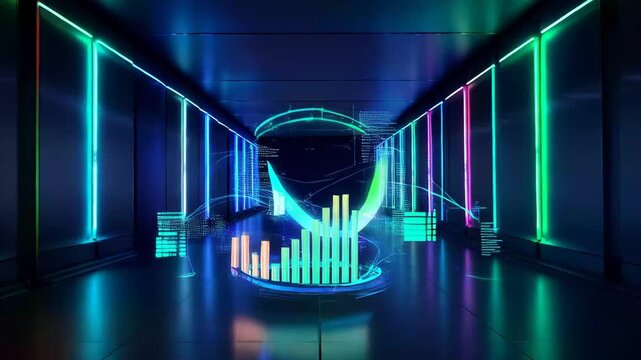 Lights and Shapes Create a Colorful Display Inside a Dark Hallway With Bright Neon Accents at a Tech Event