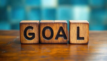 wooden letter blocks spelling goal on a warm wooden table with a soft blue blurred background conveying motivation and focus