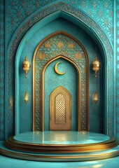 ornate turquoise and gold arched niche with crescent moon, decorative lattice door, hanging brass lanterns and raised circular platform evoking reverence and serenity