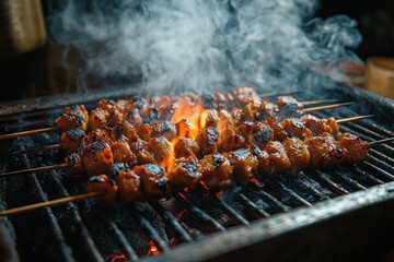 glazed meat skewers sizzling over open charcoal flames on a grill, smoky, charred and mouthwatering close-up