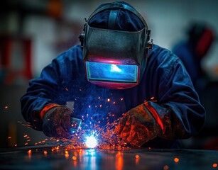 person welding metal with protective helmet and heavy gloves, bright blue welding arc and orange sparks, focused intense workshop scene