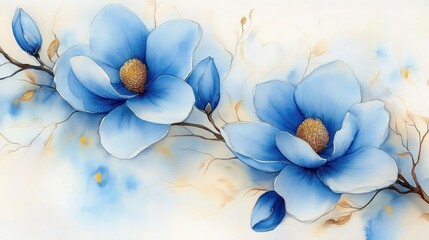 Two large blue magnolia blossoms on delicate branches with buds and golden leaves, soft watercolor background conveying a serene and elegant mood