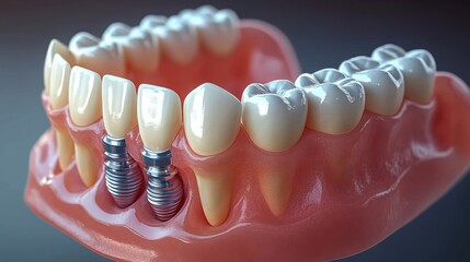 realistic lower jaw dental model with natural teeth, pink gums and two metal dental implants conveying clinical precision and confident oral restoration