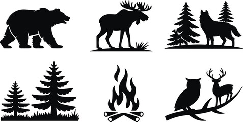 Black wildlife silhouettes set with bear, moose, wolf, deer, owl, trees, campfire, forest nature icons isolated white background vector design