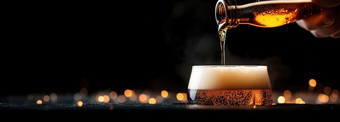 Close-up of amber beer being poured from a bottle into a glass with a frothy head and warm bokeh lights, creating an inviting cozy celebratory mood