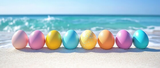 row of pastel eggs on a sunlit sandy beach with turquoise sea, gentle waves and clear sky, colorful festive scene conveying a cheerful and serene mood