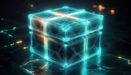 Holographic wireframe cube box glowing cyan and orange on a reflective cracked dark floor with electric circuit lines, emitting a mysterious futuristic technological wonder