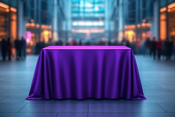 purple satin draped table in a modern indoor mall atrium with blurred shoppers and warm bokeh lights, evoking anticipation and mystery
