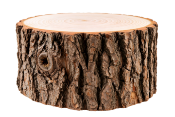 Tree stump with visible rings and rough bark texture isolated on transparent background