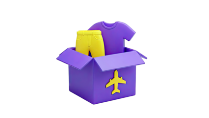3D Rendering of a Purple Box with Clothes and an Airplane Symbol