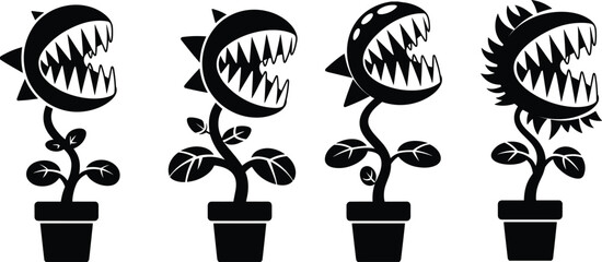 Carnivorous plant silhouettes set, monster flower pots, spooky cartoon venus flytrap, black vector illustration icons isolated white background design art © Bokul Creatives