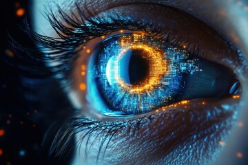 Close-up human eye with glowing blue and orange digital circuitry in the iris, long eyelashes and textured skin, futuristic intense gaze evoking curiosity and wonder