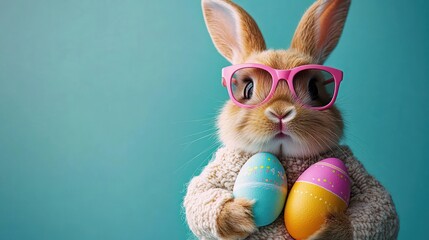 adorable fluffy brown rabbit wearing pink glasses and a cozy sweater holding two colorful decorated eggs against a teal background, playful and cheerful expression