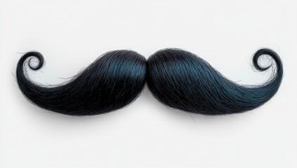 Glossy black curled handlebar mustache made of hair on a clean white background, whimsical and playful