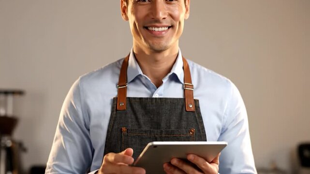 Smiling man wearing apron uses tablet. Dimples show, blue shirt visible. Background blurred
