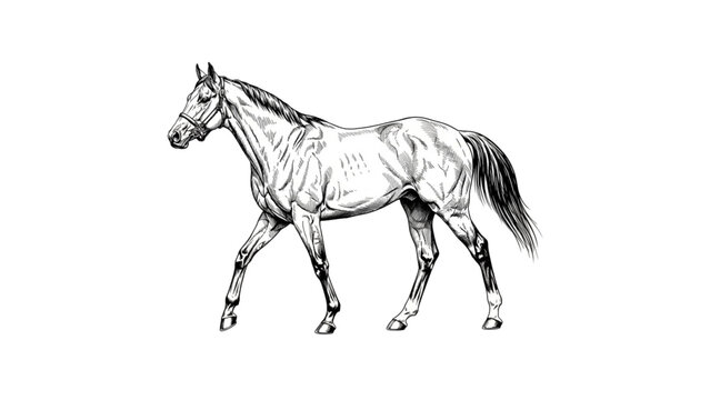 Black and White Thoroughbred Horse Illustration &ndash; Athletic Line Art