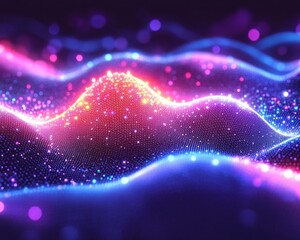 Glowing neon particle waves forming a shimmering mesh landscape of colorful dots and grid, futuristic and mesmerizing energy with vibrant purple, blue, pink and orange lights