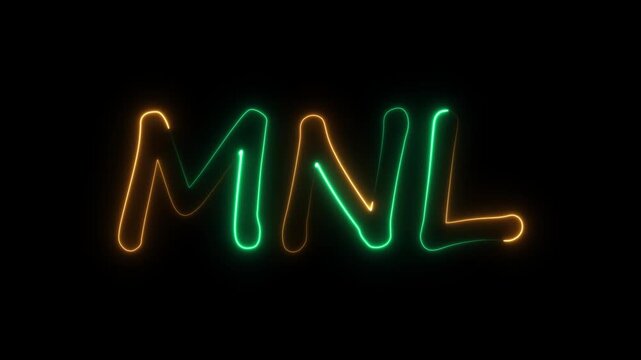 flickering neon mnl text animation. neon sign that flickers and glows with MNL