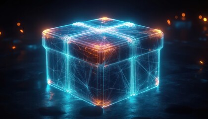 glowing holographic cube gift box with neon blue wireframe and orange highlights on reflective dark floor, futuristic mysterious anticipation