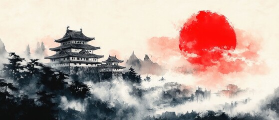 ancient multi-tiered pagoda castle on a misty forested hillside beneath a giant red sun, watercolor ink landscape evoking serene, mystical and majestic calm