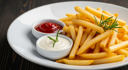 Crispy golden french fries served with savory ketchup and creamy mayonnaise on a white plate