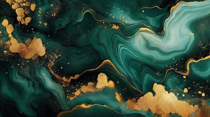 emerald and teal marbled waves with flowing gold splatters and shimmering veins, elegant and mysterious abstract fluid motion