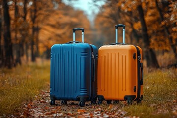 Blue and orange rolling suitcases on a leaf-strewn forest path in autumn, evoking travel, adventure and cozy anticipation