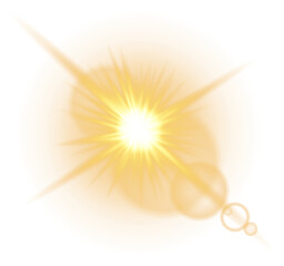 Bright golden lens flare with radiant sunburst rays and soft glowing orbs on a transparent background, PNG, sunlight shines warm, cinematic light effect. Flash of light, sun, twinkle overlays.