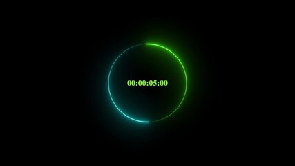 Futuristic green neon circular progress bar with digital timecode counter display isolated on a dark black technical motion background loop.
- Powered by Adobe