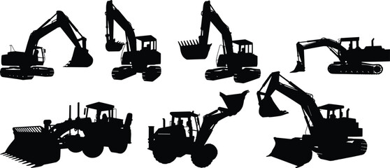Construction machinery silhouettes set, excavator bulldozer loader equipment, heavy industrial vehicles illustration, black vector icons isolated white background