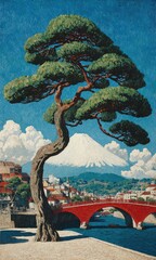 A vibrant depiction of a Japanese landscape, featuring a towering pine tree, a snow-capped mountain, a picturesque red bridge, and a serene waterway.