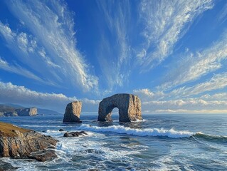 Coastal seascape with natural rock arch and sea stacks, crashing waves and rugged shoreline under a dramatic streaked blue sky conveying awe and serenity