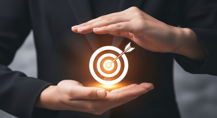 Goal Achievement Symbol Target Met Success Business Person Holding Abstract Glowing Dartboard Aim Accuracy Precision Motivation Focus Opportunity