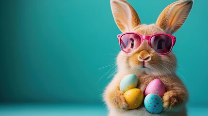 Fluffy bunny wearing pink sunglasses holding four colorful speckled eggs against a teal background, playful and cheerful expression