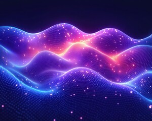 Mesmerizing neon particle waves forming an undulating digital landscape of glowing dots and sparkles, evoking futuristic calm and wonder