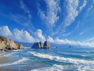 Expansive coastal seascape with sunlit cliffs, rocky sea stacks and sandy shoreline, rolling surf and frothy waves under dramatic wispy clouds and a vast blue sky, evoking peaceful awe