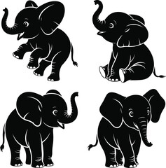 Cute baby elephant silhouettes set, playful cartoon wildlife animals poses, adorable safari character illustration, black vector design isolated background white © Bokul Creatives