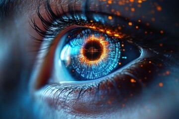 close-up of a human eye with a glowing blue digital iris and orange cybernetic data rings, intense futuristic gaze and reflective circuitry details